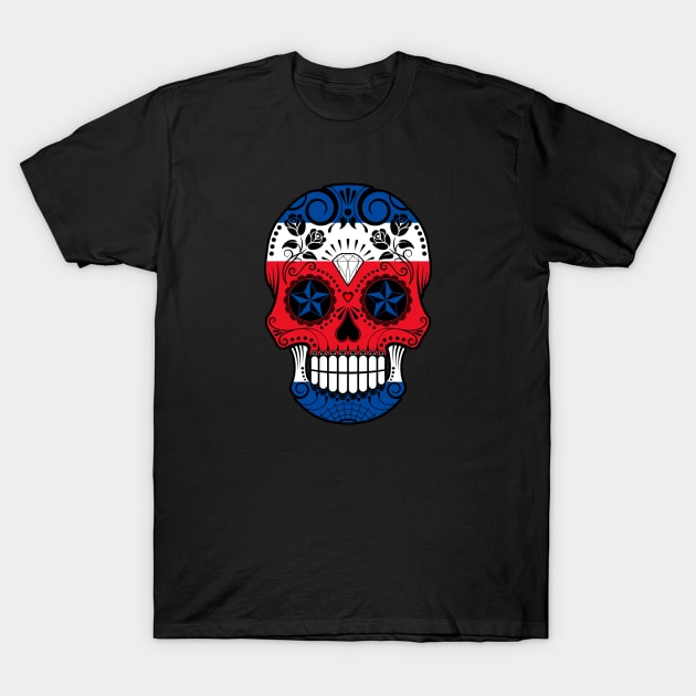 Costa Rican Flag Sugar Skull with Roses T-Shirt by jeffbartels